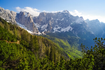 Scenic summer landscape of Mangart mountain (2679m), Triglav National Park, Julian Alps, Europe
