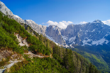 Fototapeta premium Scenic summer landscape of Mangart mountain (2679m), Triglav National Park, Julian Alps, Europe 