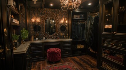 Luxurious dark-toned dressing room with ornate details