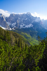 Scenic summer landscape of Mangart mountain (2679m), Triglav National Park, Julian Alps, Europe	