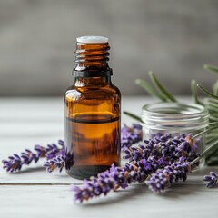 A brown bottle of lavender oil sits on a weathered white wooden surface in the image, surrounded by scattered lavender buds and flowers, with a tipped-over jar beside it