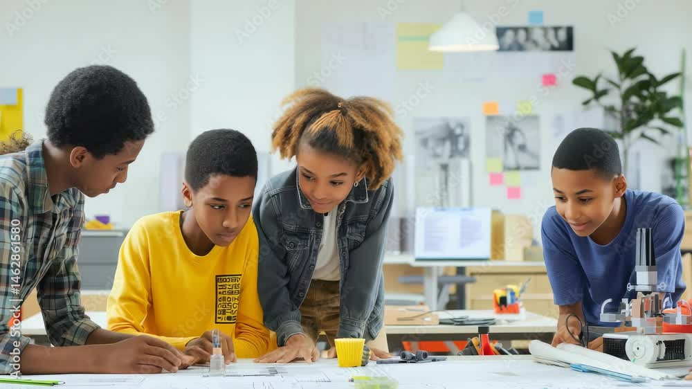 Leinwandbilder Enthusiastic students engage in a collaborative engineering project, leaning over blueprints and a robotic device in a bright, modern classroom setting, fostering teamwork and hands-on learning.