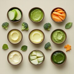 A light surface is the backdrop for a flat lay of baby food bowls accompanied by spoons, broccoli, apples, and carrots, captured from directly above