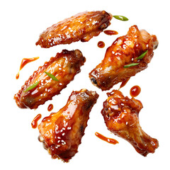 Sticky Honey Garlic Chicken Wings with Sesame and Herbs on a transparent background 