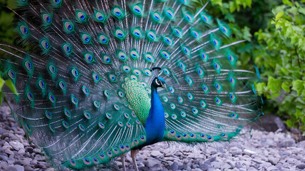 Obraz premium A vibrant peacock displays its magnificent tail feathers showcasing a rich array of blues and greens.