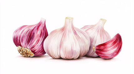 Obraz premium Watercolor illustration depicts three vibrant garlic bulbs and a clove on a clean white background image.