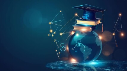 A digital illustration depicting concept of global education , interconnectedness. A globe is displayed with books , graduation cap on top of it, all encompassed in network of glowing connections. - Powered by Adobe