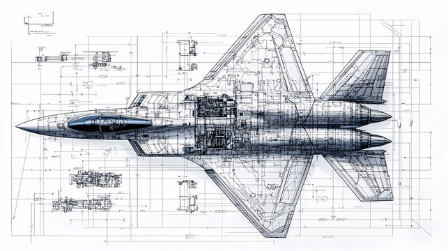 Detailed technical blueprint of a fighter jet aircraft design showcases enginee and specifications accurately.
