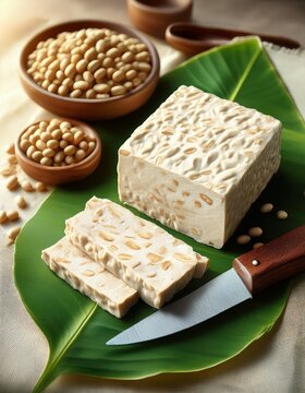 Ungeschnittener Tempeh auf Bananenblatt mit Sojabohnen