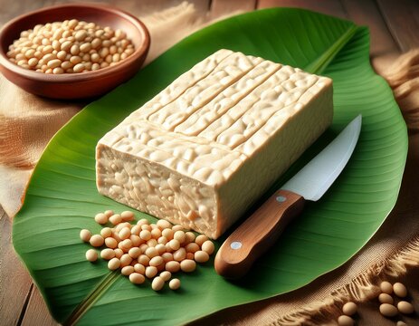 Ungeschnittener Tempeh auf Bananenblatt mit Sojabohnen