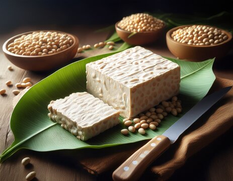 Ungeschnittener Tempeh auf Bananenblatt mit Sojabohnen