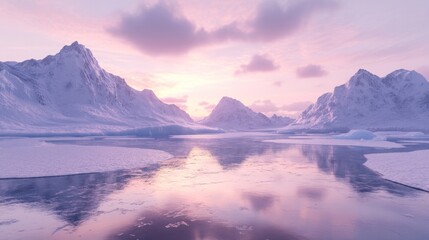 Serene winter landscape with mountains, ice, and a reflective water surface at sunrise.