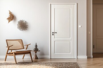 A neutral-toned hallway features a wooden armchair, decorative wall hangings, and a simple white door.  A small side table sits beside the chair and a beige rug covers the floor