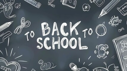 A chalkboard background features "Back to School" in white chalk lettering. Surrounding the message are various school-related doodles, like pencils, rulers, scissors, and other school supplies. - Powered by Adobe