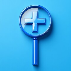 Fototapeta premium The concept of healthcare and examination is represented by a magnifying glass focused on a medical cross, with faint drawings of health-related elements surrounding it, in a visual depiction