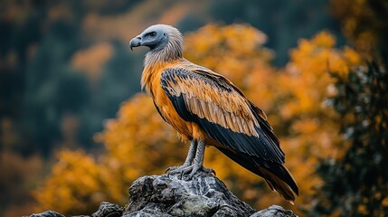 Bird perched on rock, autumnal background