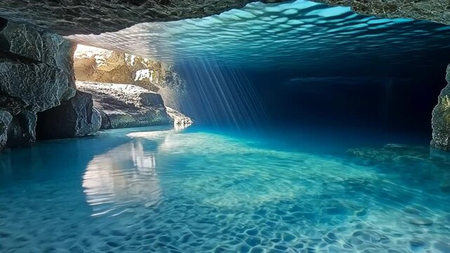 Submerged cave with sunlight illuminating turquoise waters
