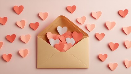 The image depicts a white envelope spilling red, pink, and white paper hearts onto a pink background, forming a charming and festive atmosphere