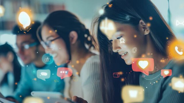 A group of focused individuals using tablets in a dimly lit setting, surrounded by glowing icons of social media engagement. The icons represent likes, communication, and digital connection.