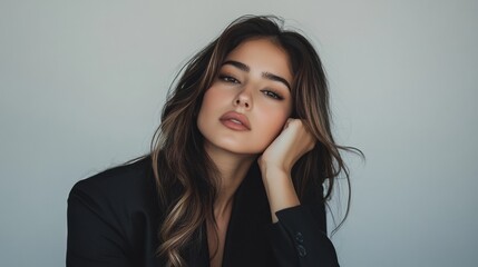 A portrait of an attractive young woman with long hair, wearing a dark blazer and posing while touching her face and looking at the camera