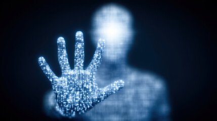 Digital agent reaching out with hand, surrounded by grid of glowing data points, symbolizing technology and connection