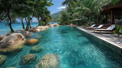Oceanfront infinity pool nestled in tropical paradise. Lush greenery, serene water, and a secluded resort feel