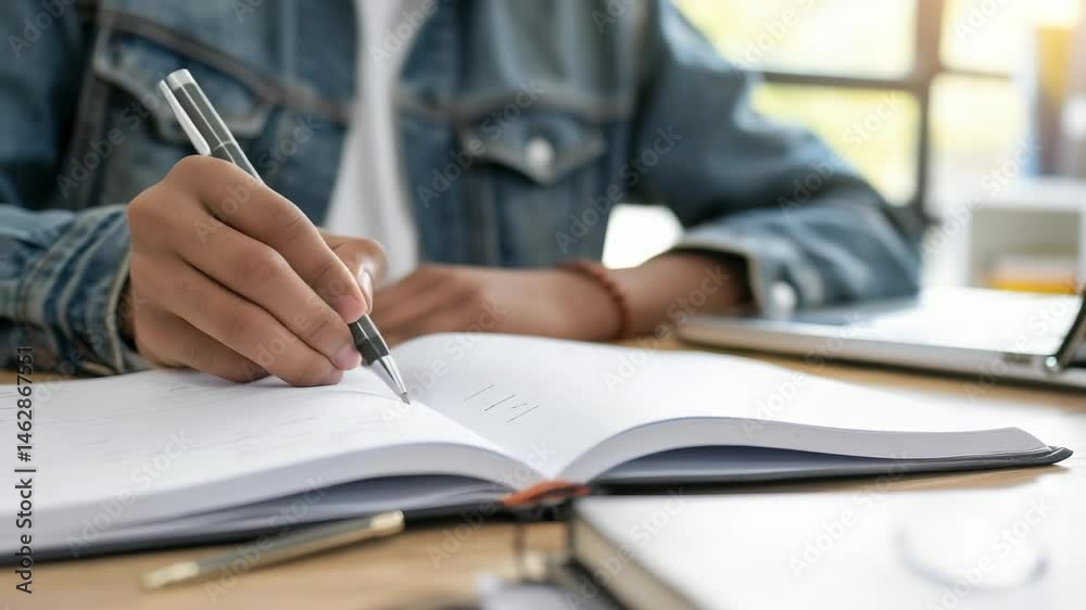 Aufkleber A person is writing in a notebook using a pen while sitting at a desk with a laptop and other books. The setting evokes a sense of focused study and academic work.