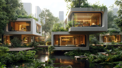 Title: Perfect integration of modern architecture and natural environment, showcasing possibilities for future urban living