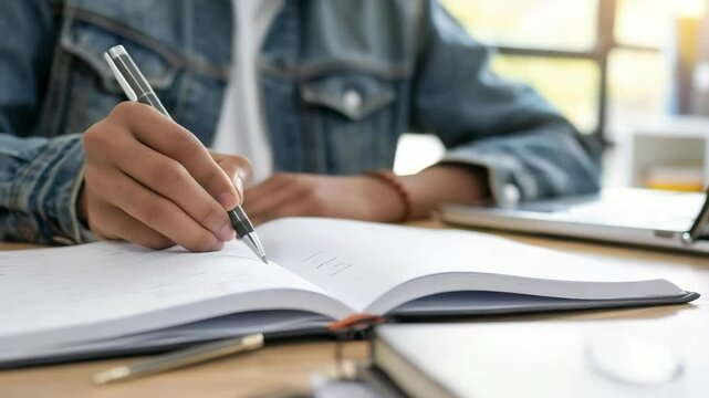 A person is writing in a notebook using a pen while sitting at a desk with a laptop and other books. The setting evokes a sense of focused study and academic work.
