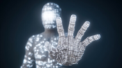 Futuristic humanoid figure made of glowing pixels extends its hand forward, symbolizing technology and innovation