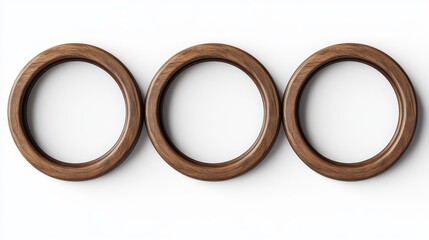 Three round, wooden picture frames, shown from the front, against a white background.
