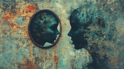 A hand mirror reflecting two different versions of a person--one is seen as their true self, while the other reflection has a shadowy, distorted appearance, hinting at a secret or hidden identity.