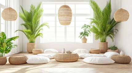 Bright, inviting indoor space with plants, cushions, and natural light for relaxation