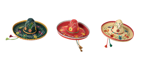 Traditional Mexican sombrero three hats isolated on transparent background