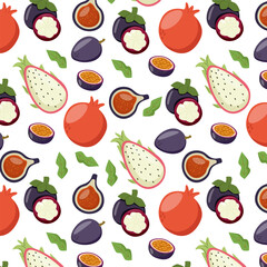 Seamless pattern with pitaya, mangosteen, pomegranate, fig, passion fruit. Hand drawn tropical fruits ornament. Exotic background. Design for fabric, wrapping, wallpaper. Flat vector illustration.