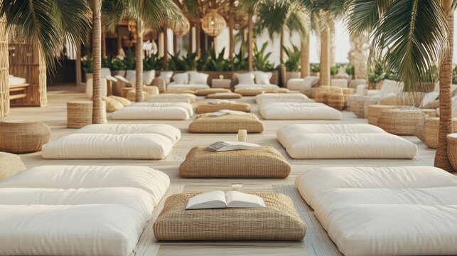 Relaxing lounge seating in tropical setting. Event venue, meditation background
