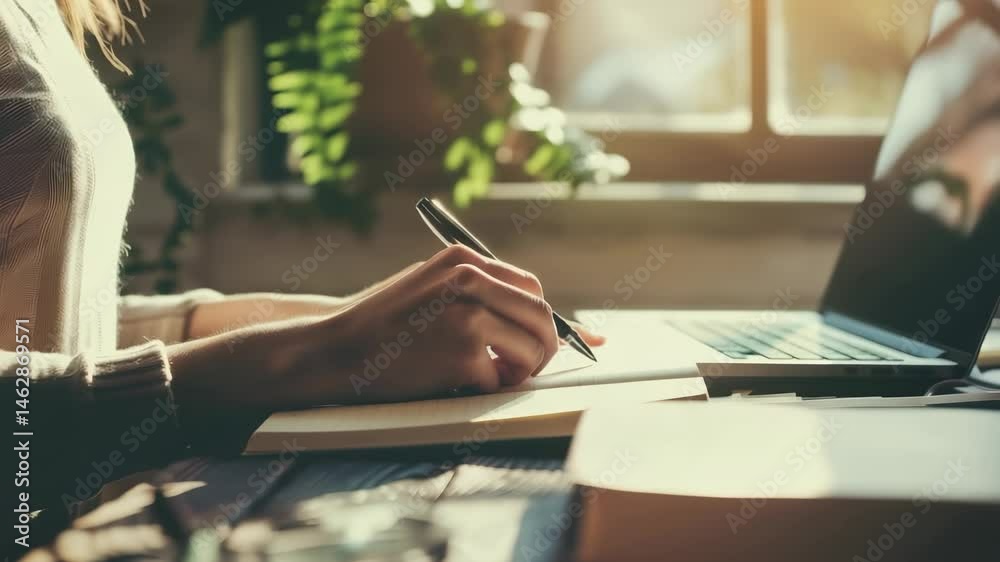 Poster A person's hands are shown writing in a notebook with a pen, next to a laptop. Natural light streams in, creating a warm and inviting atmosphere for working or studying.