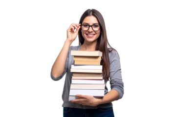 A beautiful woman holding several books in her hands, wearing glasses and smiling at the camera with on a transparent background