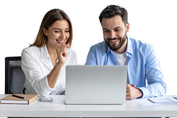 A photo of two happy business people in an office, sitting at a table and looking at a laptop screen together isolated on a transparent background