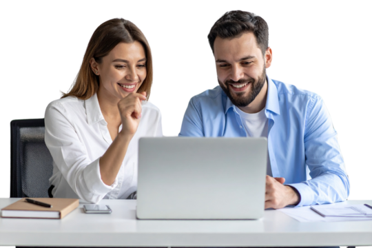 A photo of two happy business people in an office, sitting at a table and looking at a laptop screen together isolated on a transparent background