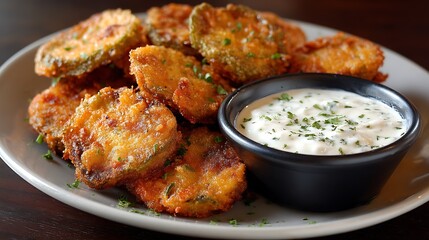 Golden, crispy fried pickles with dipping sauce