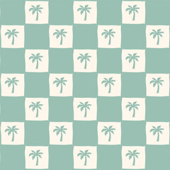 Checkered seamless groovy pattern with palm trees. Tropical background in pastel colors. White and mint checkerboard with exotic plant. Vintage island ornament in 70s, 80s style. Vector illustration.