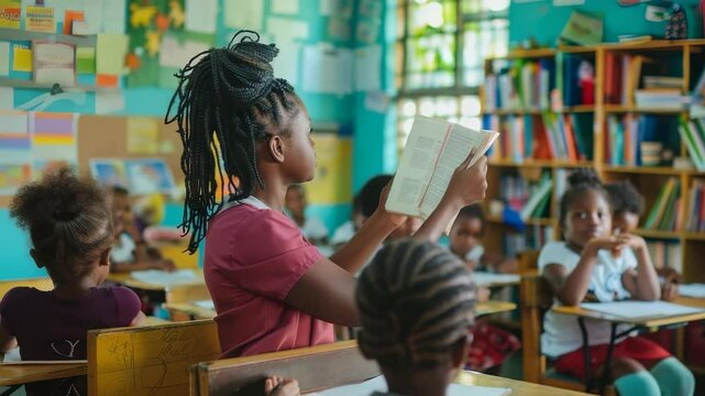 A teacher reads aloud to her class, creating a vibrant learning atmosphere. Students are seated, attentively listening in a classroom setting filled with educational materials and books.