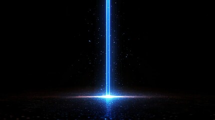Bright blue laser beam descends, emanating from darkness.  Glowing particles surround the beam