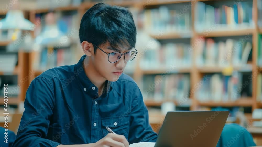 Poster a young student wearing glasses is intently focused on his laptop and notes in a library. bookshelve