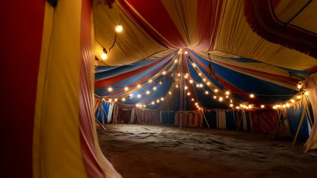 Spacious interior of a colorful vintage striped circus tent with a dirt floor and string lights, evoking an atmosphere of magic and wonder.