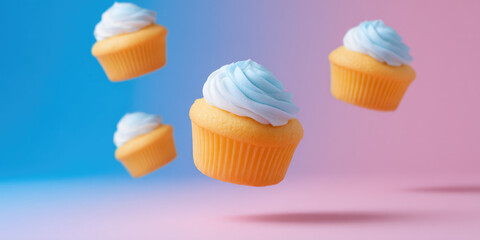 Cupcakes with swirled frosting appear to be floating in mid-air. Concept: playful and whimsical dessert display