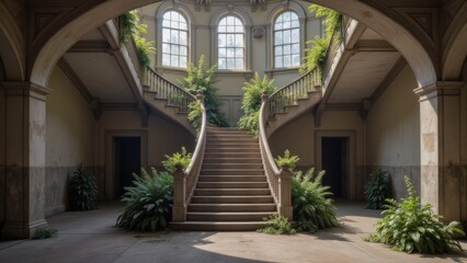 Fototapeta premium Grand Staircase with Overgrown Plants in Historic Building, Abandoned Architecture