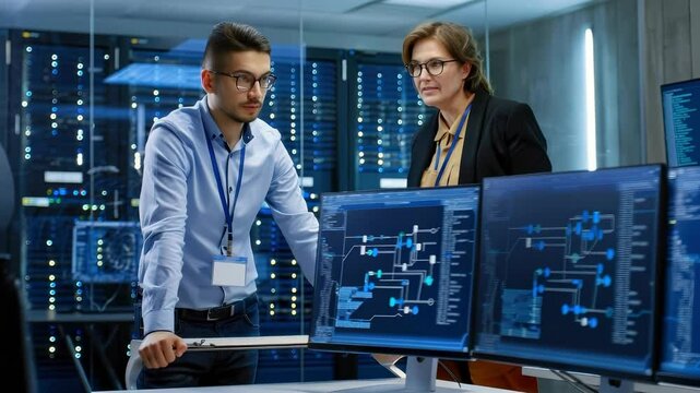 Two it engineers are working on a desktop computer in a data center control room, monitoring the system and analyzing technical information displayed on multiple screens
