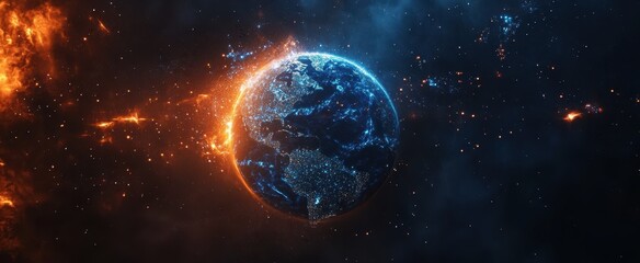 The image features an artistic representation of Earth from space, set against a backdrop that depicts chaos and destruction, with fiery explosions and debris surrounding it